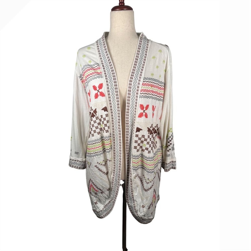 JW Los Angeles Embroidered Bird Cardigan‎ Sweater White Medium Bohemian Hippie